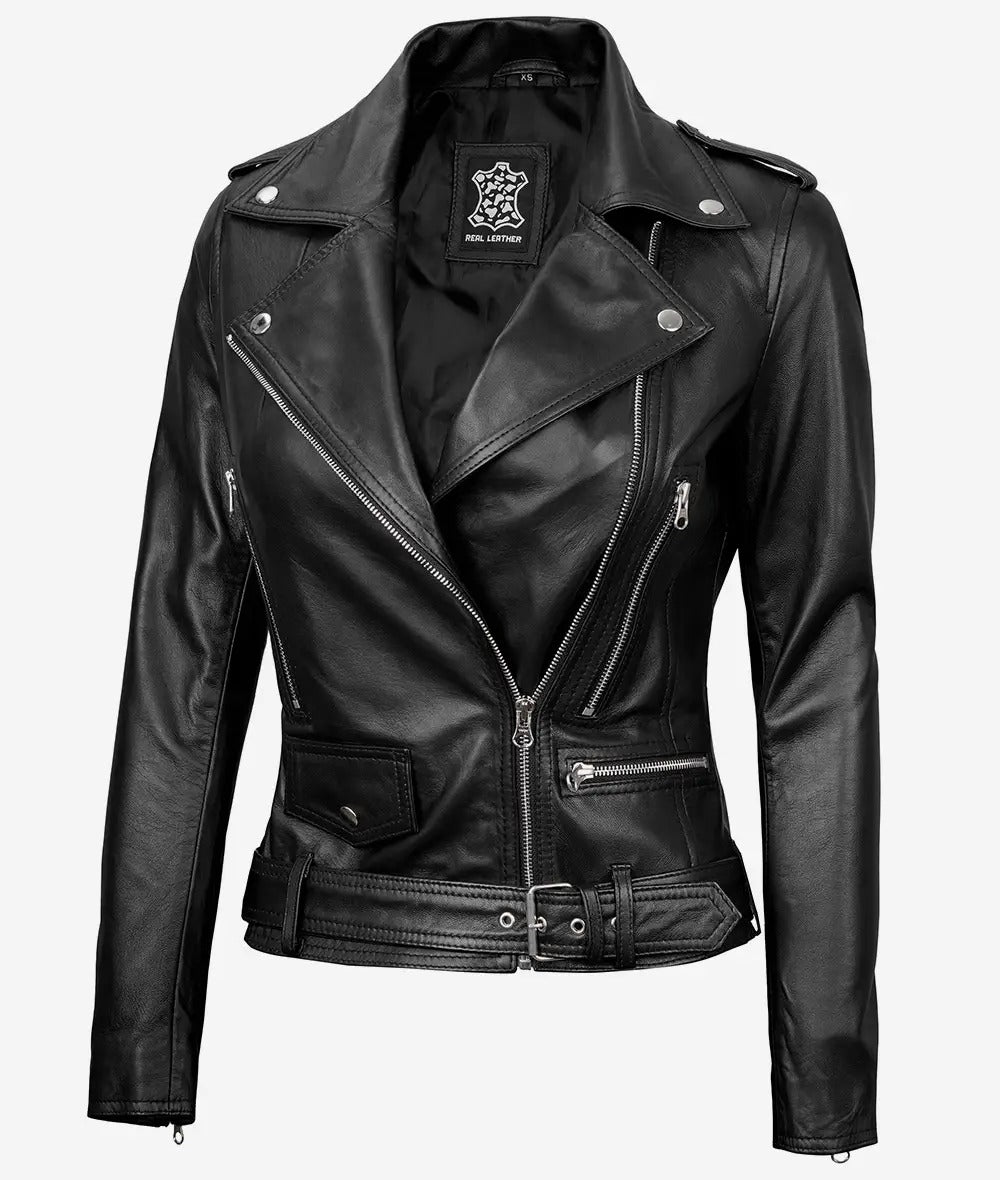 Marcella Black Asymmetrical Motorcycle Leather Jacket for Women