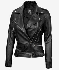 Marcella Black Asymmetrical Motorcycle Leather Jacket for Women