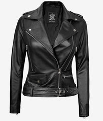 Marcella Black Asymmetrical Motorcycle Leather Jacket for Women