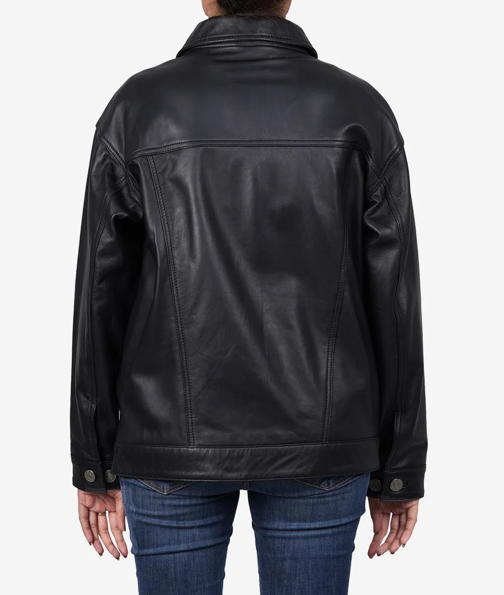 Womens Black Lambskin Leather Oversized Trucker Jacket