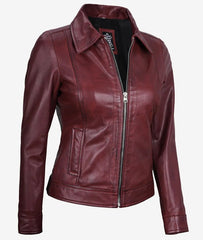 Womens Shirt Collar Maroon Leather Jacket