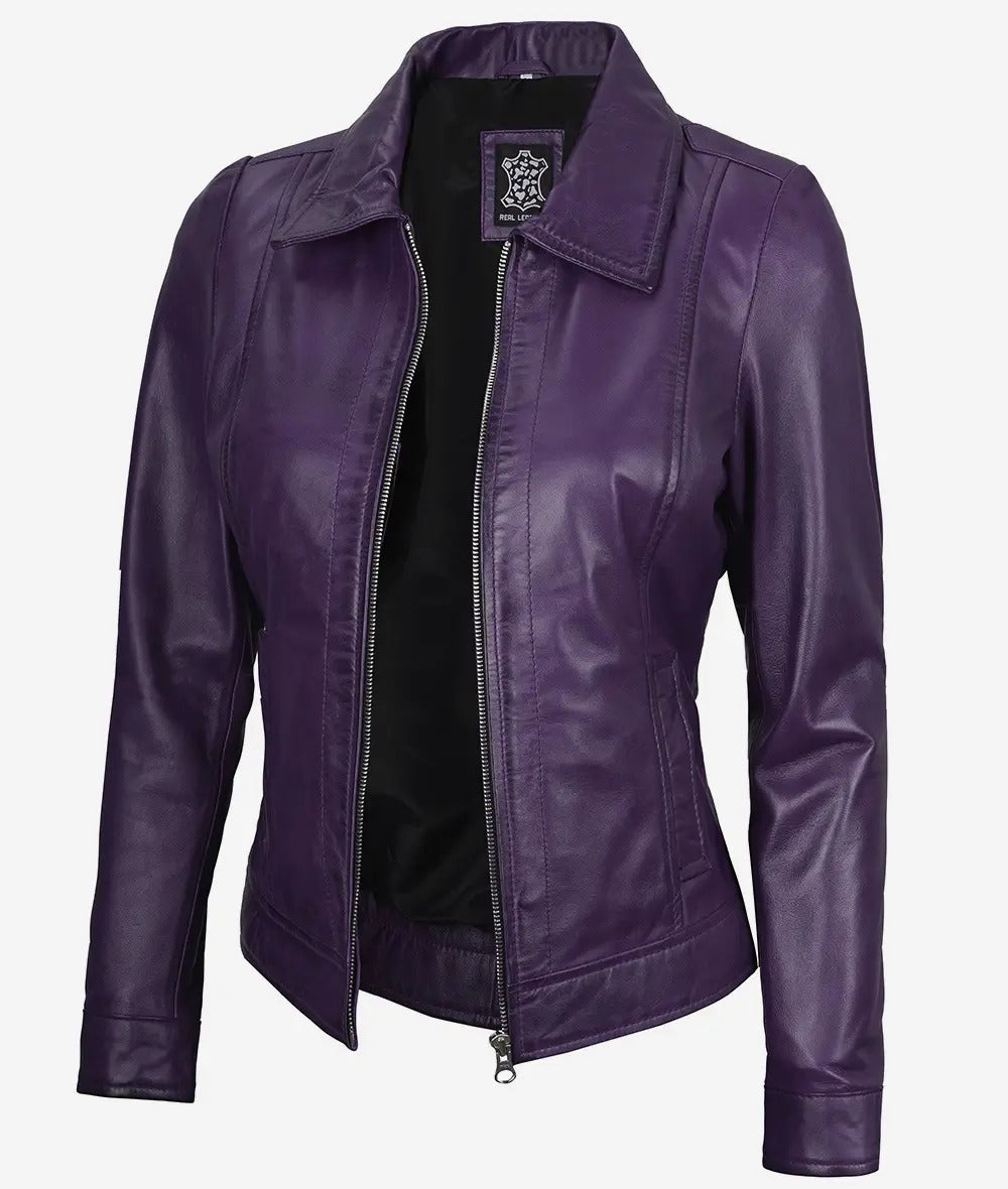 Womens Shirt Collar Purple Leather Jacket