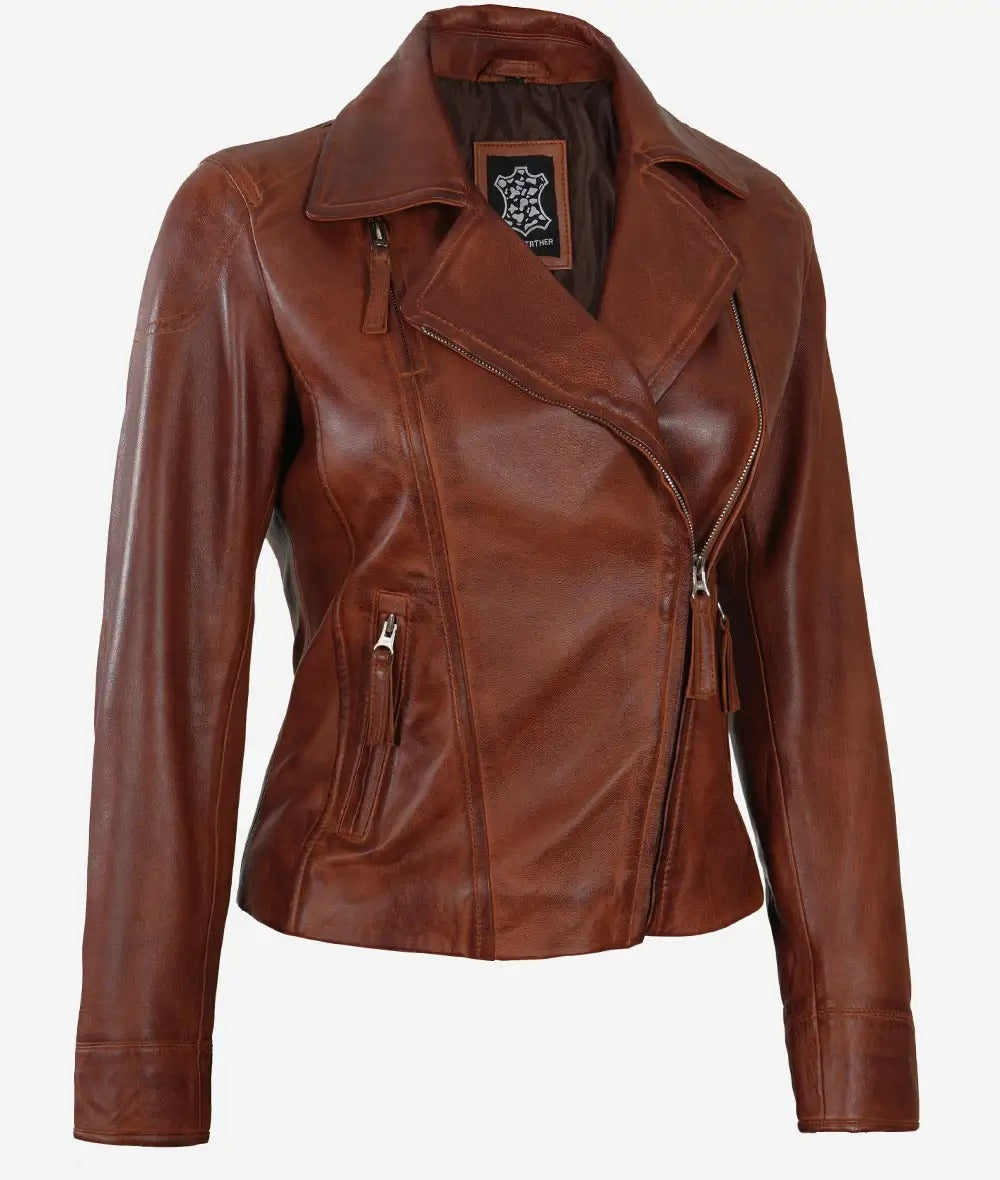 Women's Cognac Brown Asymmetrical Leather Biker Jacket