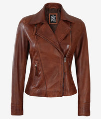 Women's Cognac Brown Asymmetrical Leather Biker Jacket