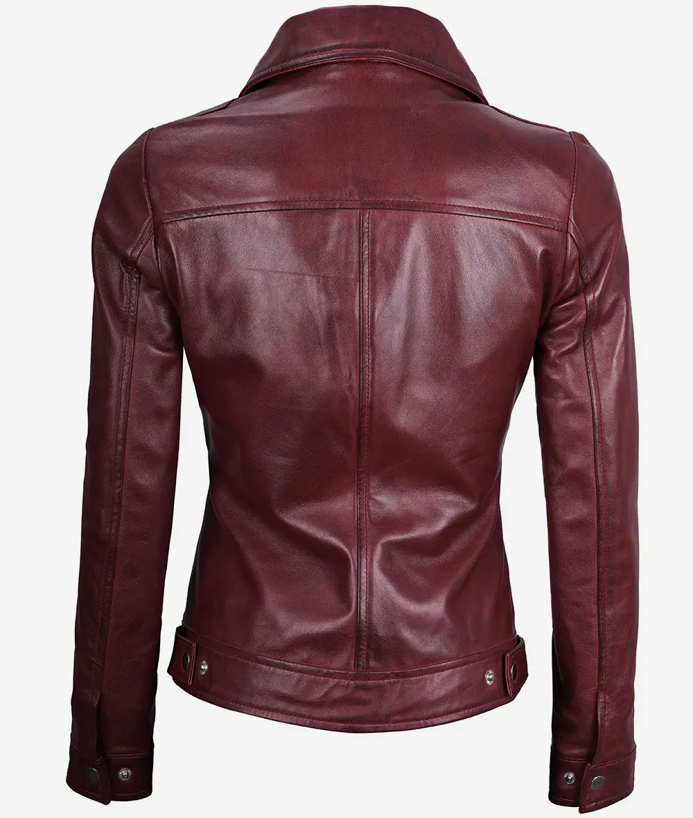 Womens Shirt Collar Maroon Leather Jacket