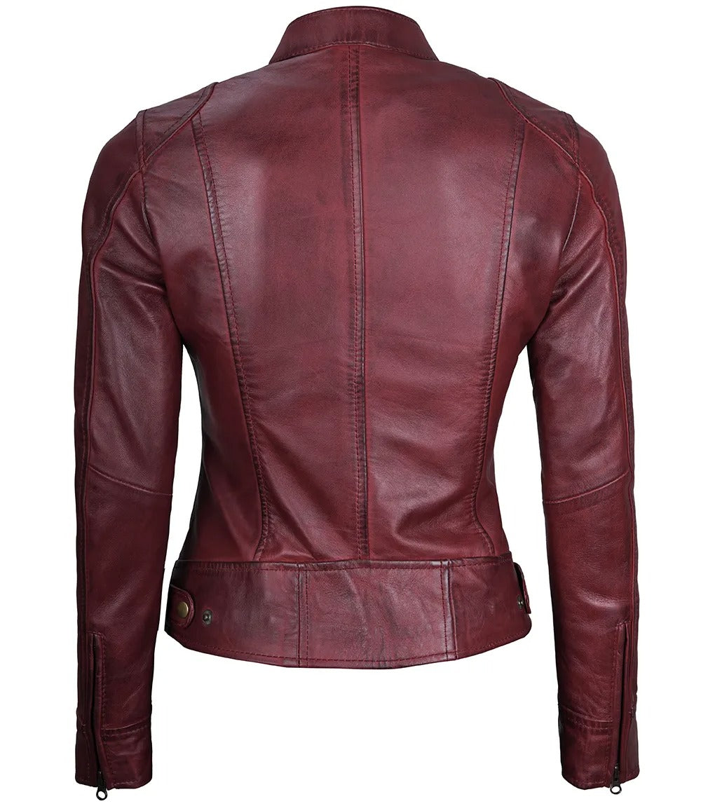 Womens Maroon Real Leather Moto Jacket