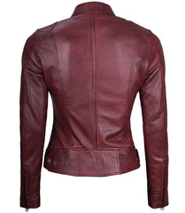 Womens Maroon Real Leather Moto Jacket