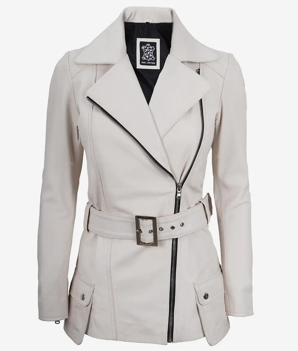 Womens Off White Belted Moto Leather Jacket