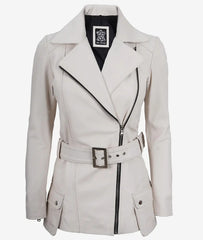 Womens Off White Belted Moto Leather Jacket