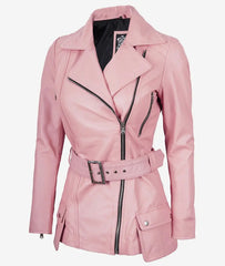 Womens Pink Belted Moto Leather Jacket