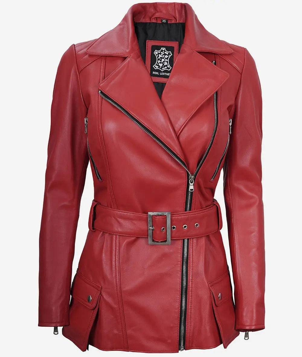 Womens Red Belted Moto Leather Jacket