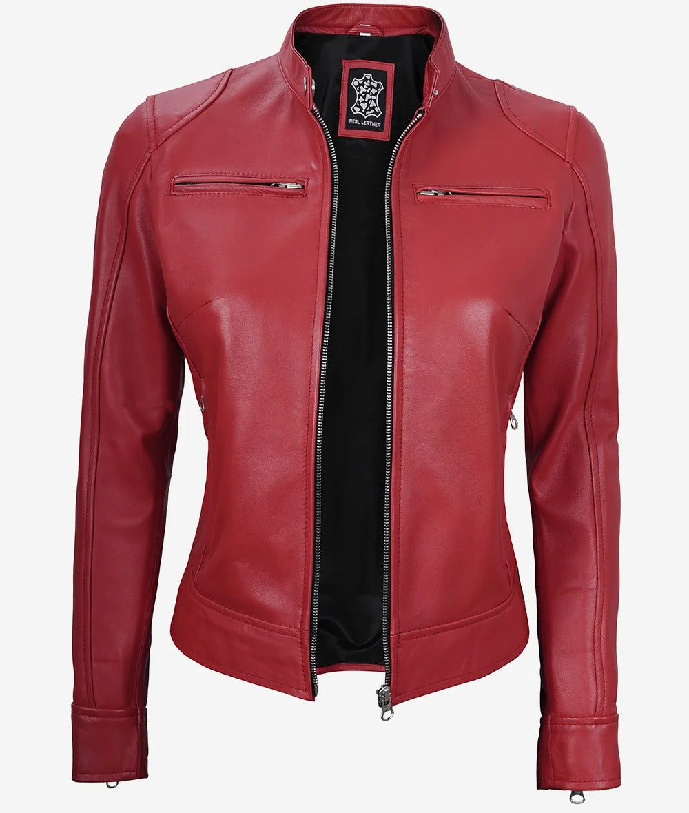 Womens Real Leather Red Moto Jacket