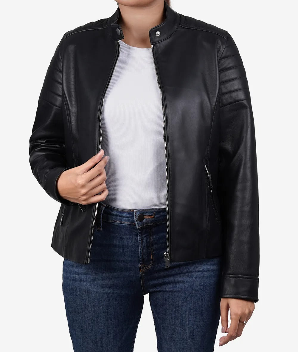 Womens Black Lambskin Leather Relaxed Fit Biker Jacket