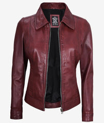 Womens Shirt Collar Maroon Leather Jacket