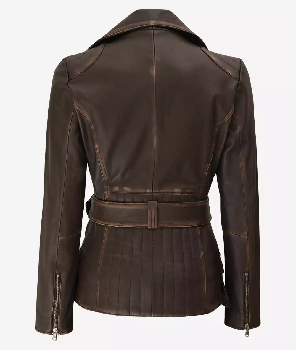 Womens Asymmetrical Dark Brown Rub Off Leather Belted Jacket