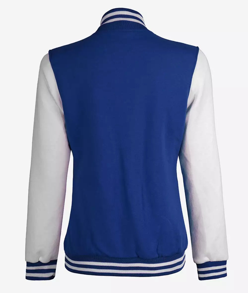 Women's White and Royal Blue Baseball Style Varsity Jacket