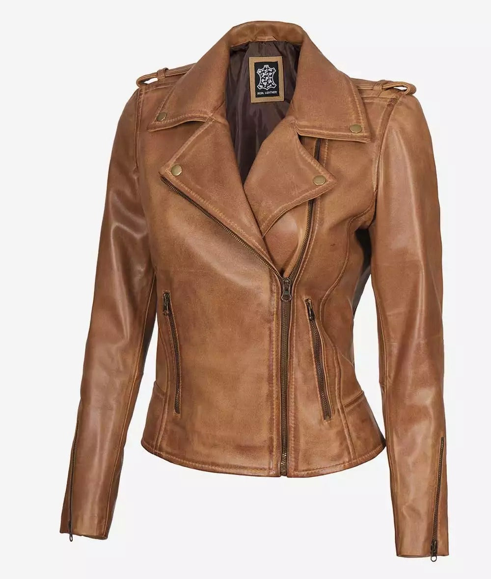 Women's Real Leather Camel Brown Moto Jacket