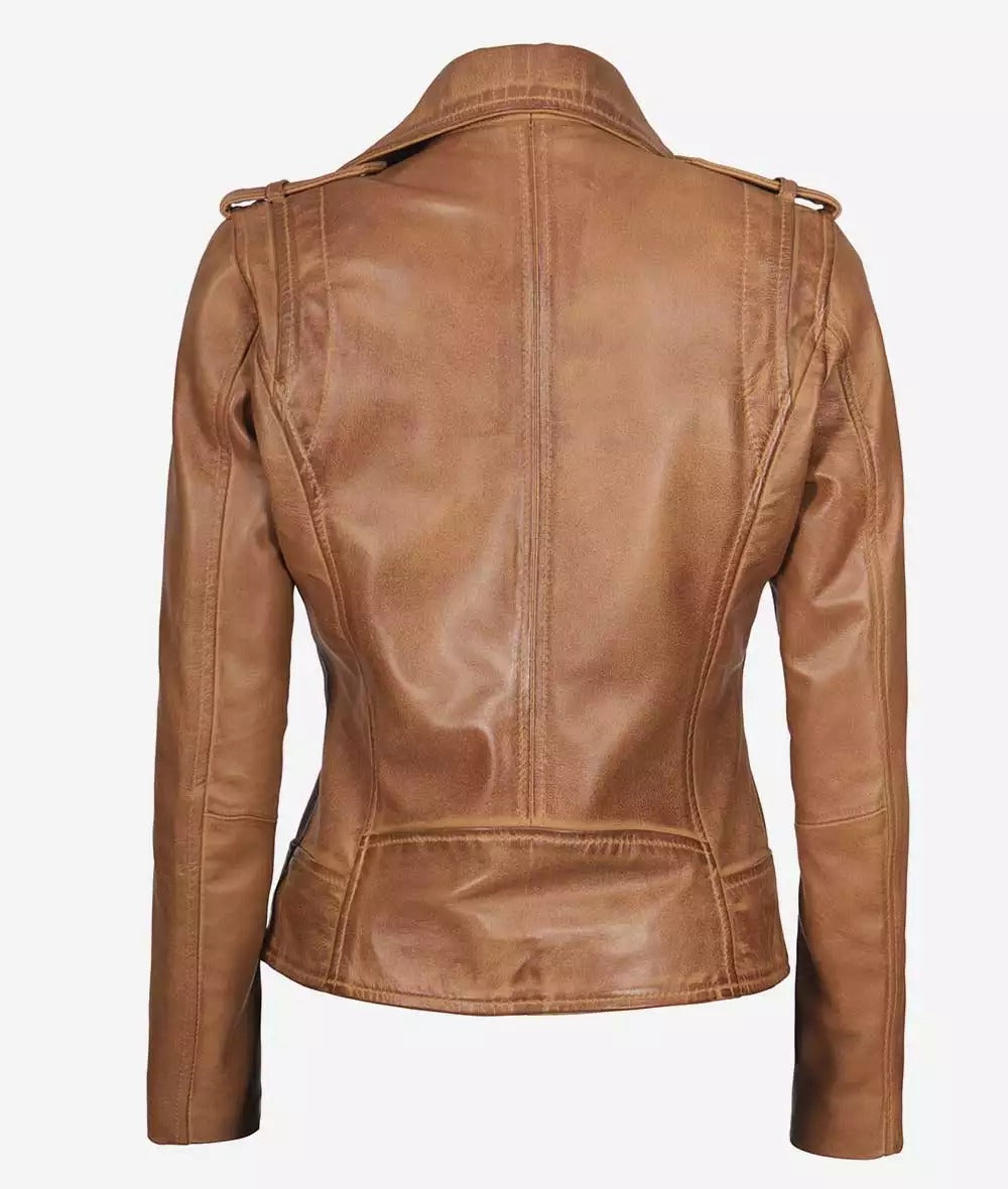 Women's Real Leather Camel Brown Moto Jacket