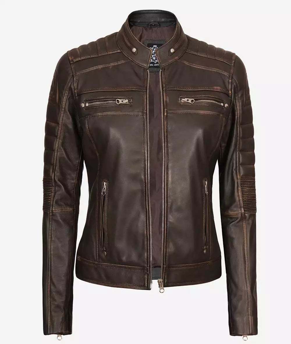 Womens Distressed Brown Motorcycle Leather Jacket