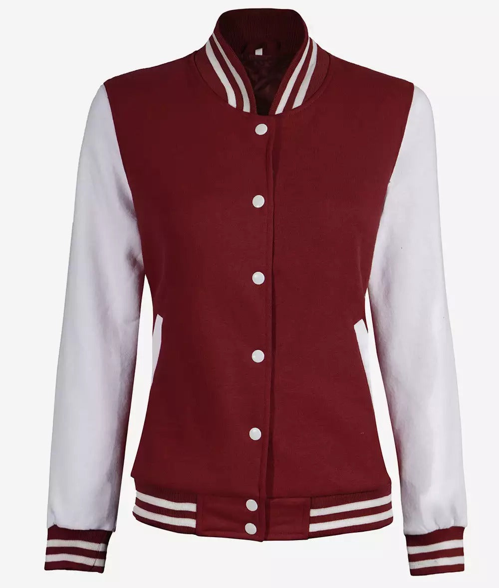 Womens Maroon Varsity Jacket with White Sleeves - Baseball Bomber Jacket (Few Left)