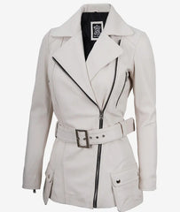 Womens Off White Belted Moto Leather Jacket