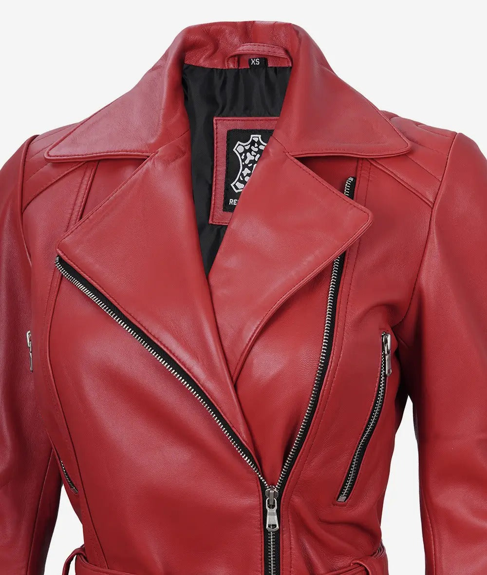 Womens Red Belted Moto Leather Jacket