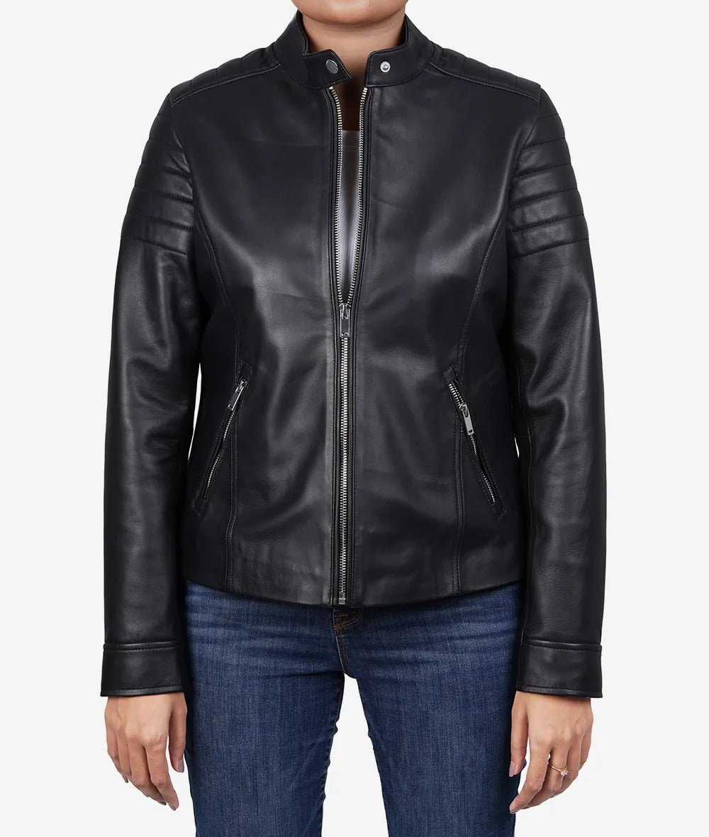 Womens Black Lambskin Leather Relaxed Fit Biker Jacket