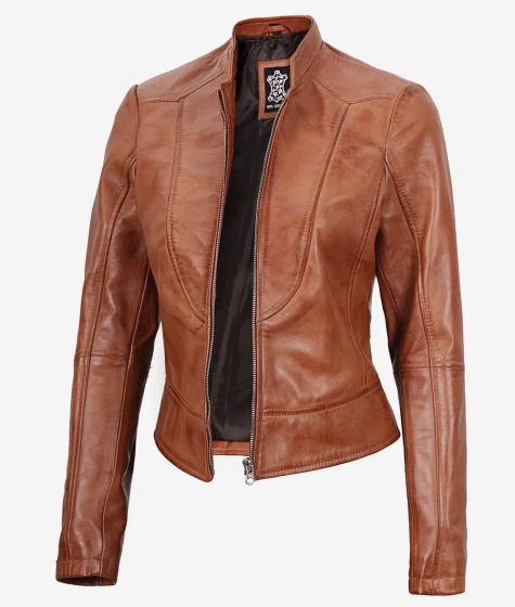 Women's Slim Fit Tan Waxed Biker Leather Jacket