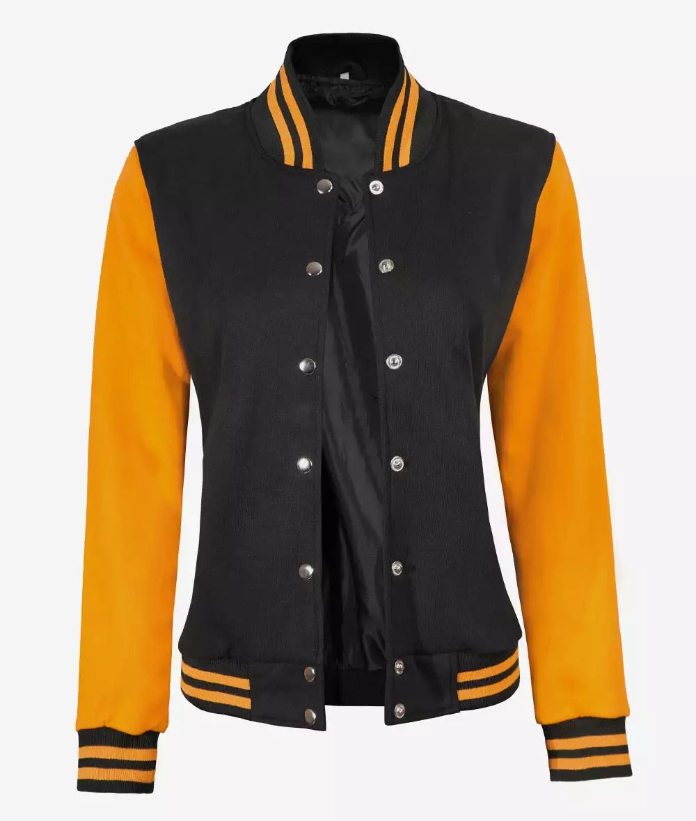 Women's Black and Yellow Letterman Baseball Style Varsity Jacket (Last Few)