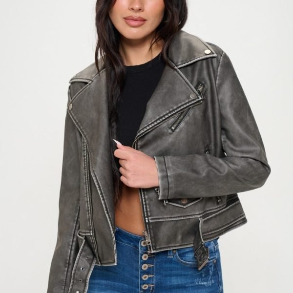 Coalition LA Zip Up Biker Jacket with Belt - Black