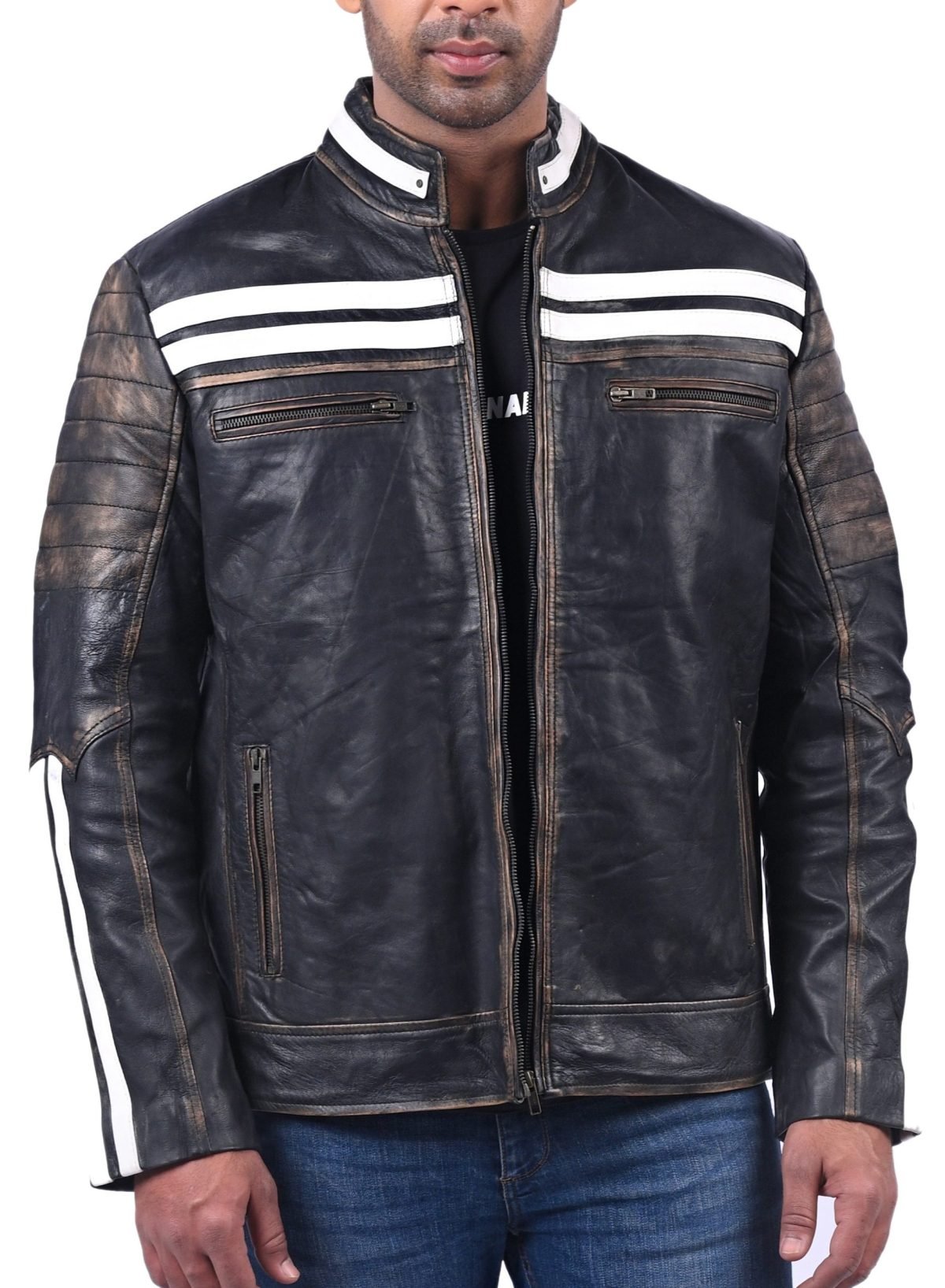 Black Distressed Penetrated Real Cow Leather Jacket For Men’s