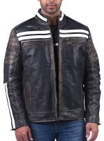 Black Distressed Penetrated Real Cow Leather Jacket For Men’s