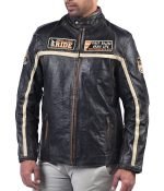 Men’s Beige Striped Black Leather Jacket