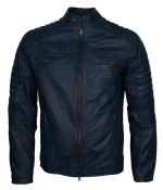 Cafe Racer Blue Leather Biker Jacket Mens