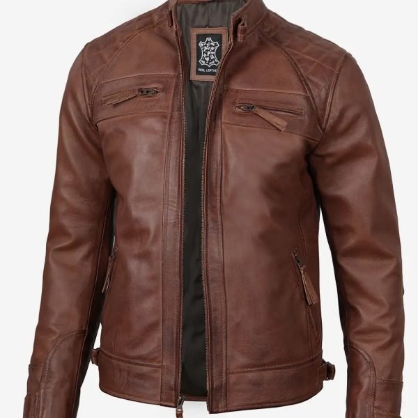 Johnson Mens Tall Cognac Cafe Racer Quilted Leather Jacket