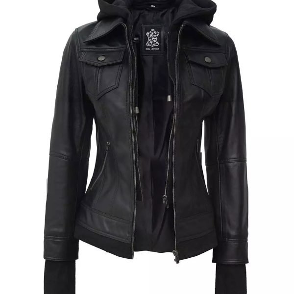 The Céleste: Womens Tall Black Bomber Leather Jacket With Removable Hood