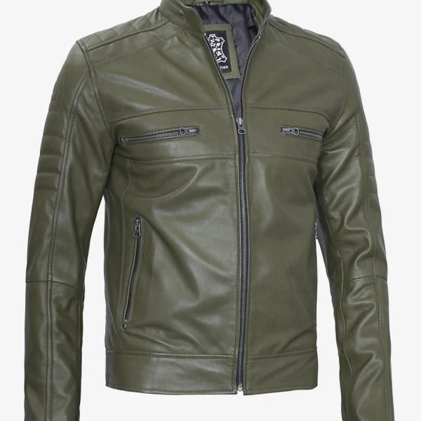 Mens Military Green Cafe Racer Leather Jacket