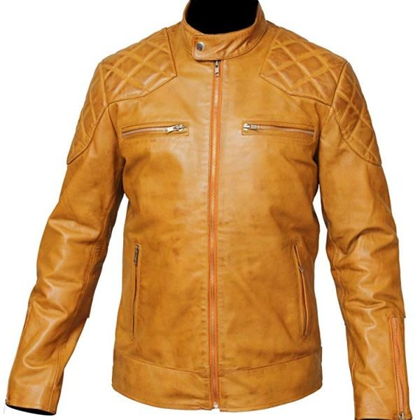 Men’s Tan Quilted Leather Motorcycle Jacket