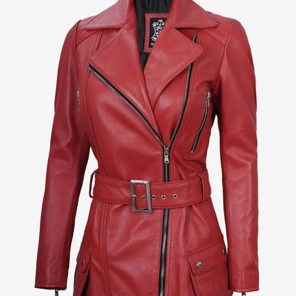 Womens Red Belted Moto Leather Jacket