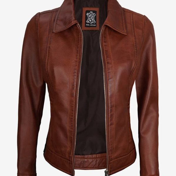Womens Shirt Collar Cognac Leather Jacket